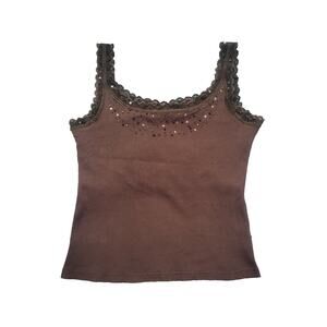Y2K Ribbed Knit Beaded Lace Trim Tank Top Size S Brown Forest Fairy Boho Hippie